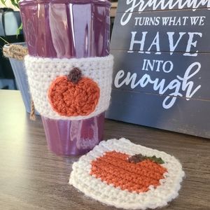 Coffee cup cozy and coaster set, gift, fall decor, pumpkin coaster,fall pumpkin